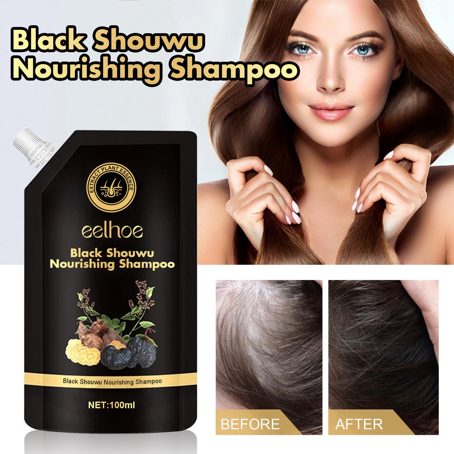 Black Shouwu Nourishing Shampoo packaging with a woman showing off her hair, before and after usage.