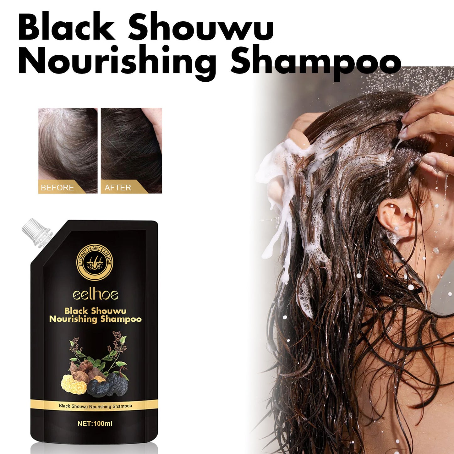 Black Showwu Nourishing Shampoo packaging with a person washing hair, showing before and after results.