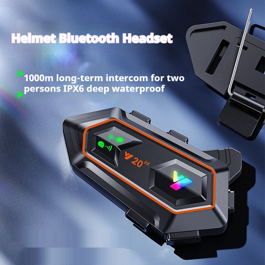 Helmet Bluetooth Headset with charging case on a blue gradient background