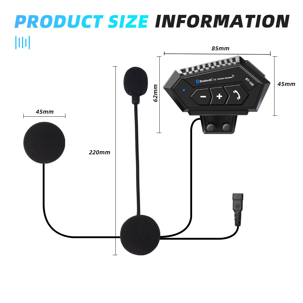 Motorcycle helmet intercom with dimensions on a white background