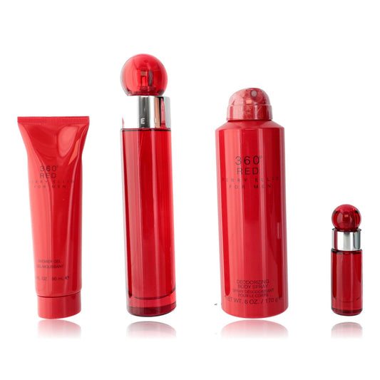 Perry Ellis 360 Red by Perry Ellis, 4 Piece Gift Set for Men including EDT Spray, Deodorizing Spray, Shower Gel.