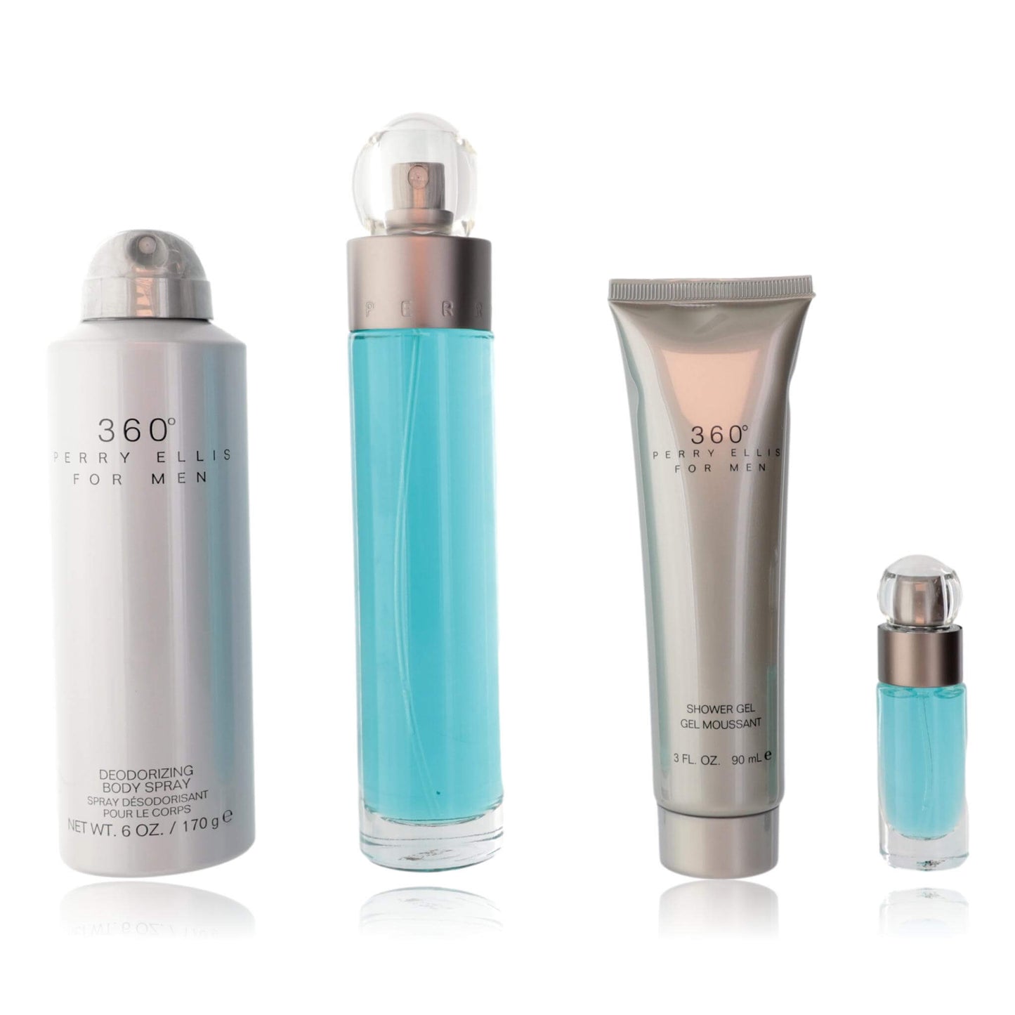 Perry Ellis 360 by Perry Ellis, 4 Piece Gift Set for Men includes deodorizing spray, eau de toilette, shower gel, and EDT spray.