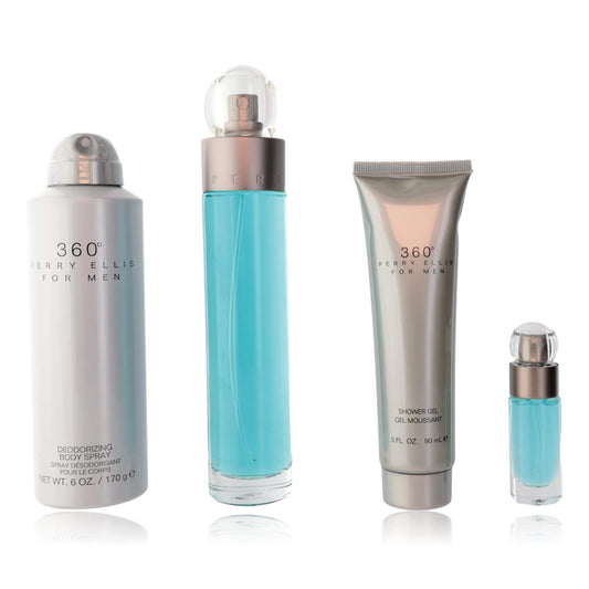 Perry Ellis 360 by Perry Ellis, 4 Piece Gift Set for Men includes deodorizing spray, eau de toilette, shower gel, and EDT spray.