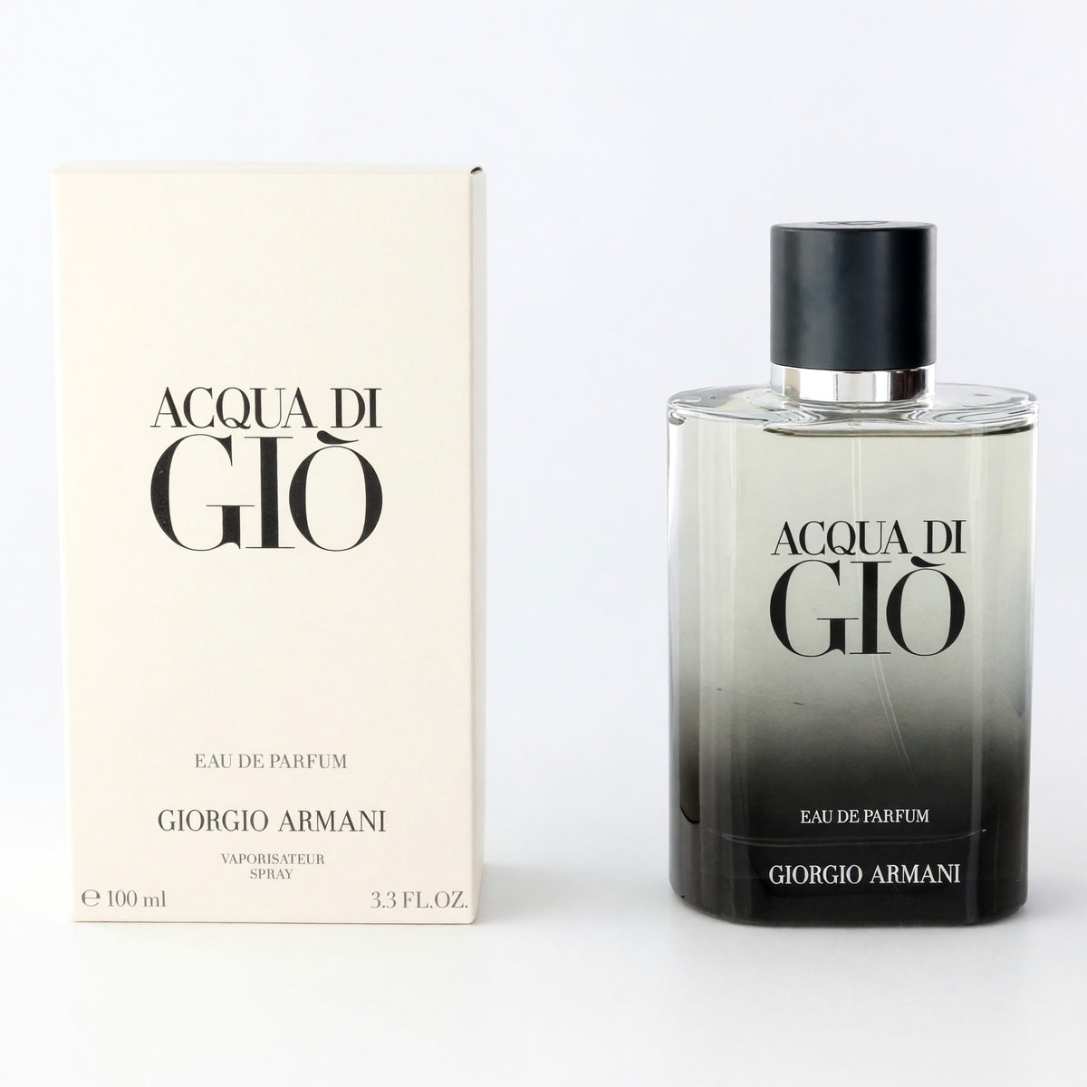 Men's Acqua di Gio eau de parfum spray, clear bottle with black cap and box