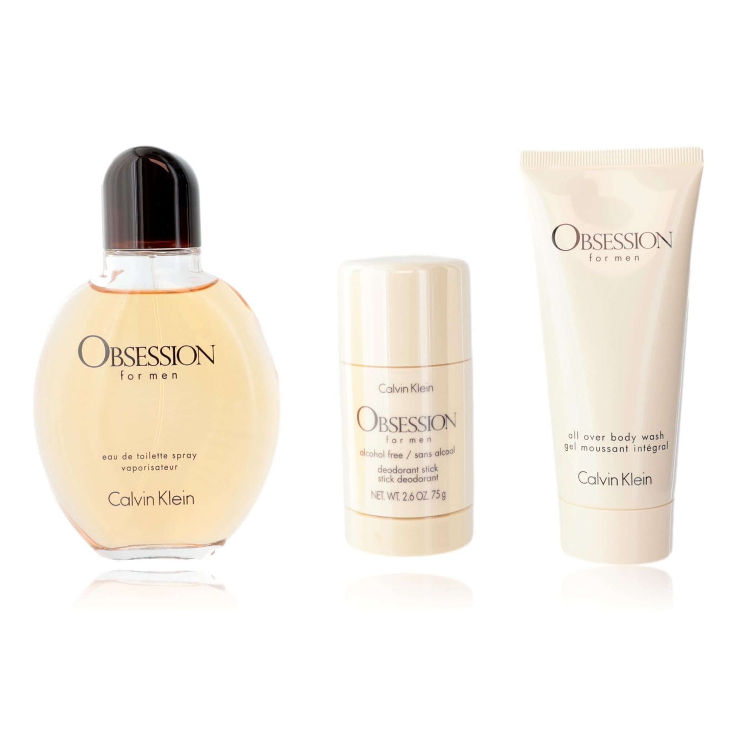 Obsession by Calvin Klein, 3 Piece Set for Men featuring EDT Spray, Deodorant, and Body Wash.