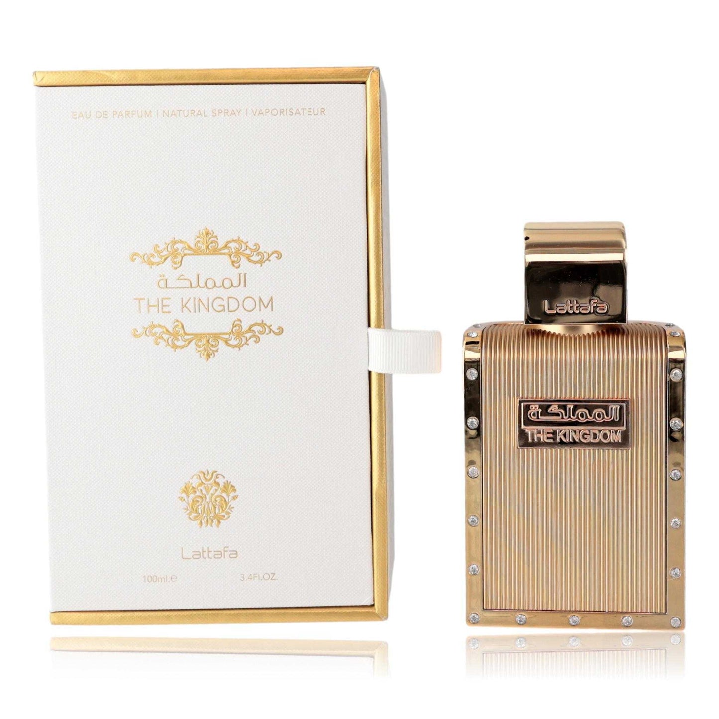 Men's EDP spray in gold ridged bottle with gold cap and The Kingdom box