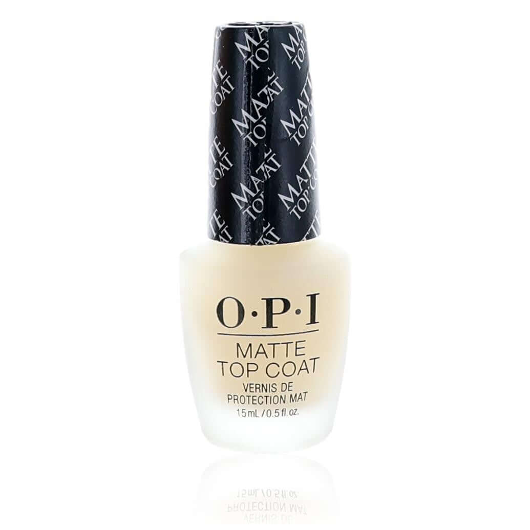 OPI matte top coat nail lacquer bottle with frosted white label and black cap