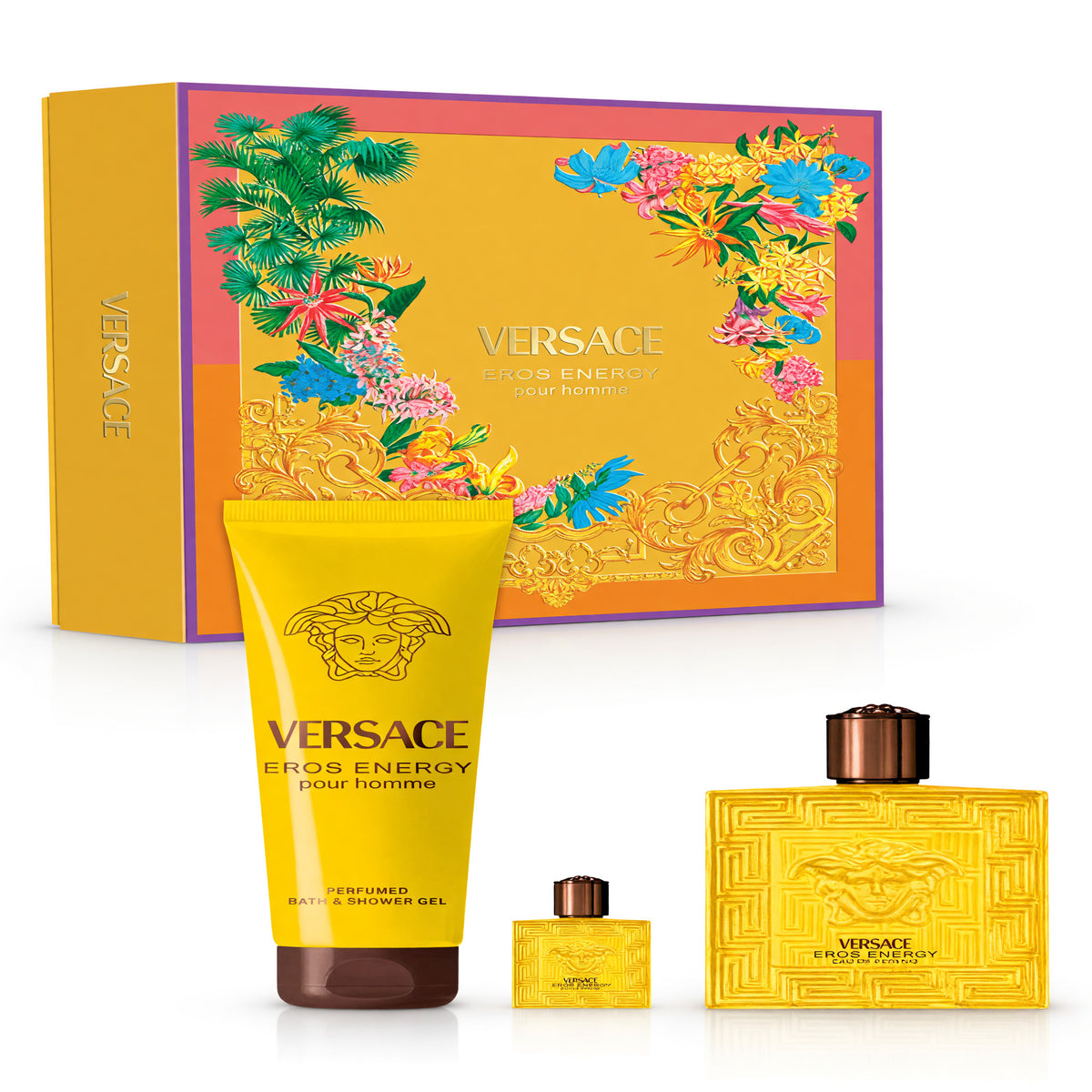 Eros Energy men's 3-piece gift set: yellow shower gel and two gold-tone fragrance bottles