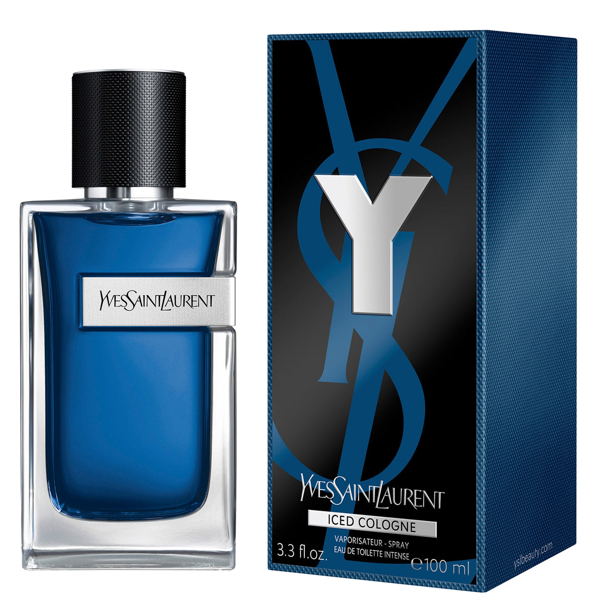 YSL Y Iced Cologne men's glass bottle with blue liquid, chrome cap, and blue box