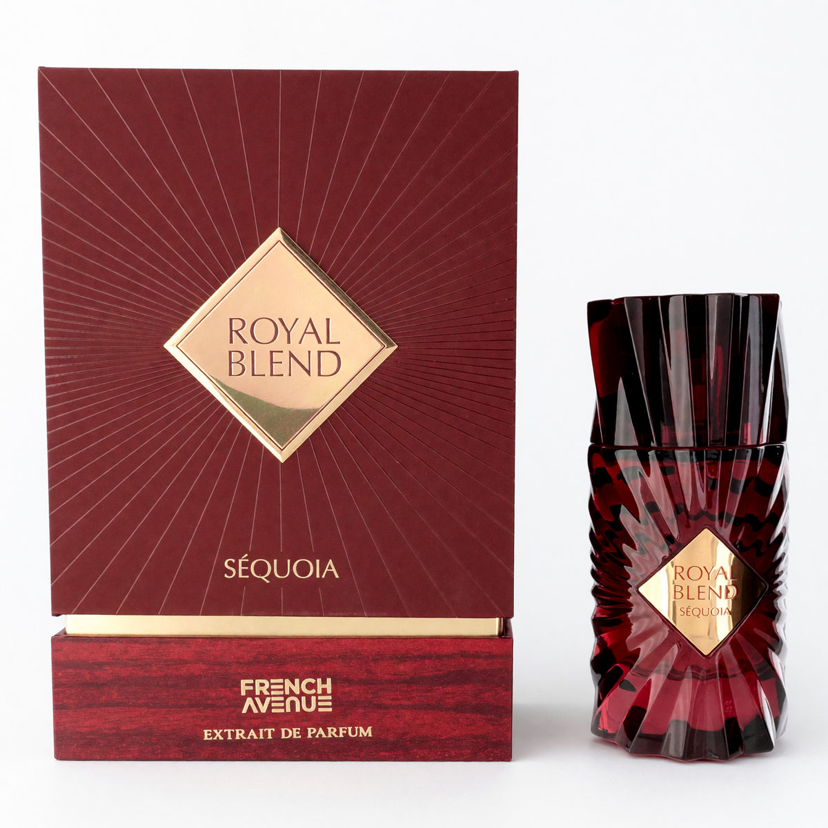 Burgundy Royal Blend Sequoia extrait de parfum spray box and glass bottle