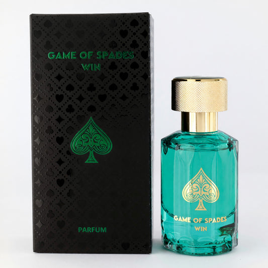 Unisex parfum spray bottle with gold cap and teal green glass; Game of Spades Win label