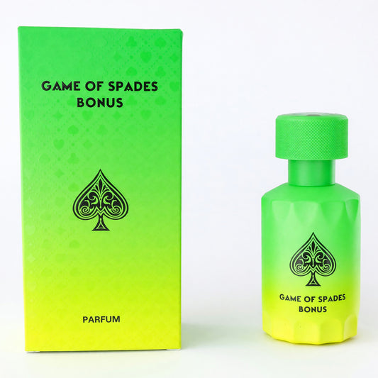 Green Parfum spray bottle with cap and matching box, black “GAME OF SPADES BONUS” label