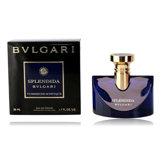 Bvlgari Splendida Tuberuse Mystique eau de parfum spray, blue glass bottle with gold cap.