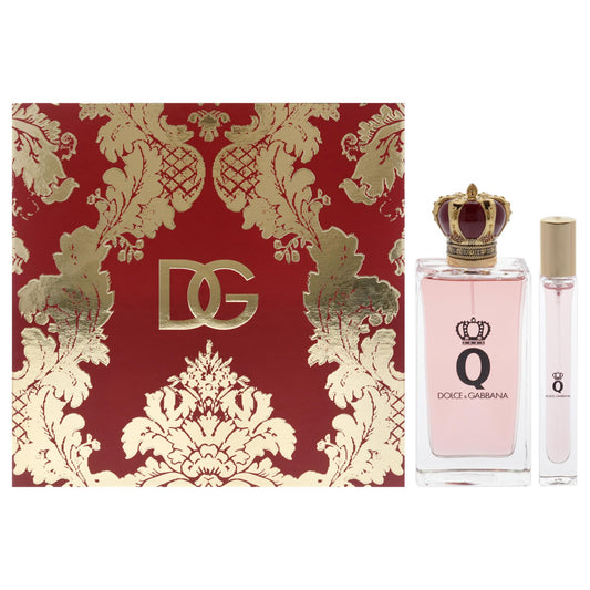 Dolce & Gabbana 'q' 2-piece perfume gift set with two glass bottles, gold caps.