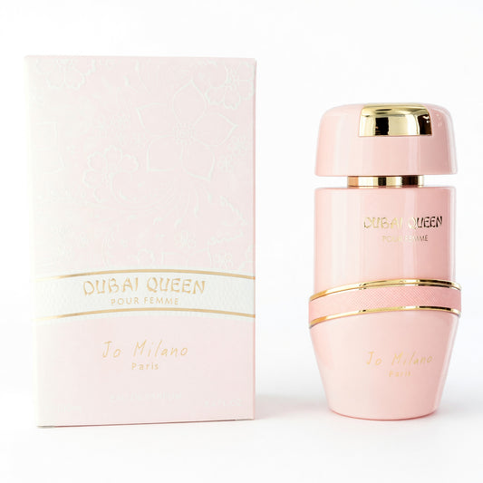 Women's eau de parfum spray bottle, pink with gold cap and 'Dubai Queen' label
