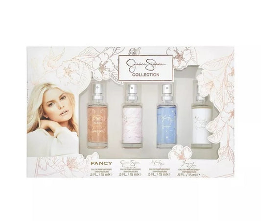 Women's 4-piece body mist gift set with four pastel spray bottles in box
