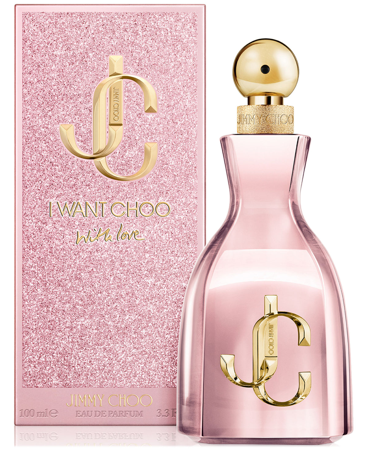 Women’s eau de parfum spray bottle, pink glass with gold cap and logo details