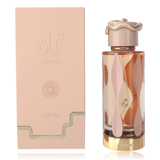 Perfume bottle and packaging with 'TERIAQ' branding on a white background