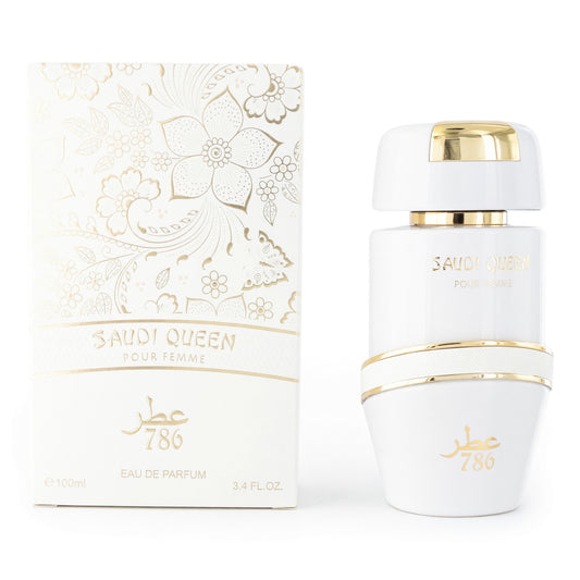 White women's eau de parfum spray bottle with gold cap, labeled Saudi Queen Pour Femme