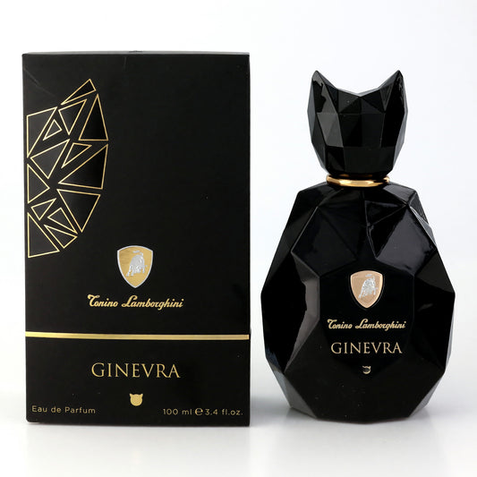Black geometric cat-shaped Eau de Parfum spray bottle with gold Ginevra label