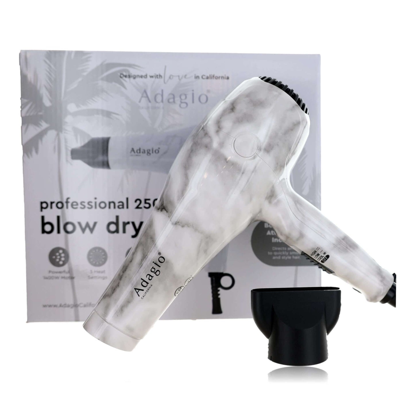 Adagio Professional 2500 blow dryer with marble-pattern body and nozzle