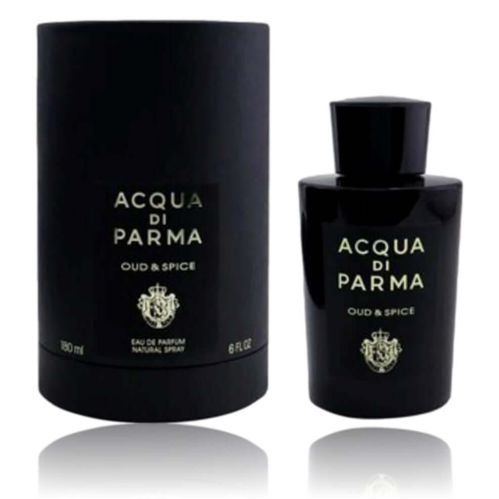 Acqua Di Parma Oud & Spice EDP spray bottle, dark glass with gold label