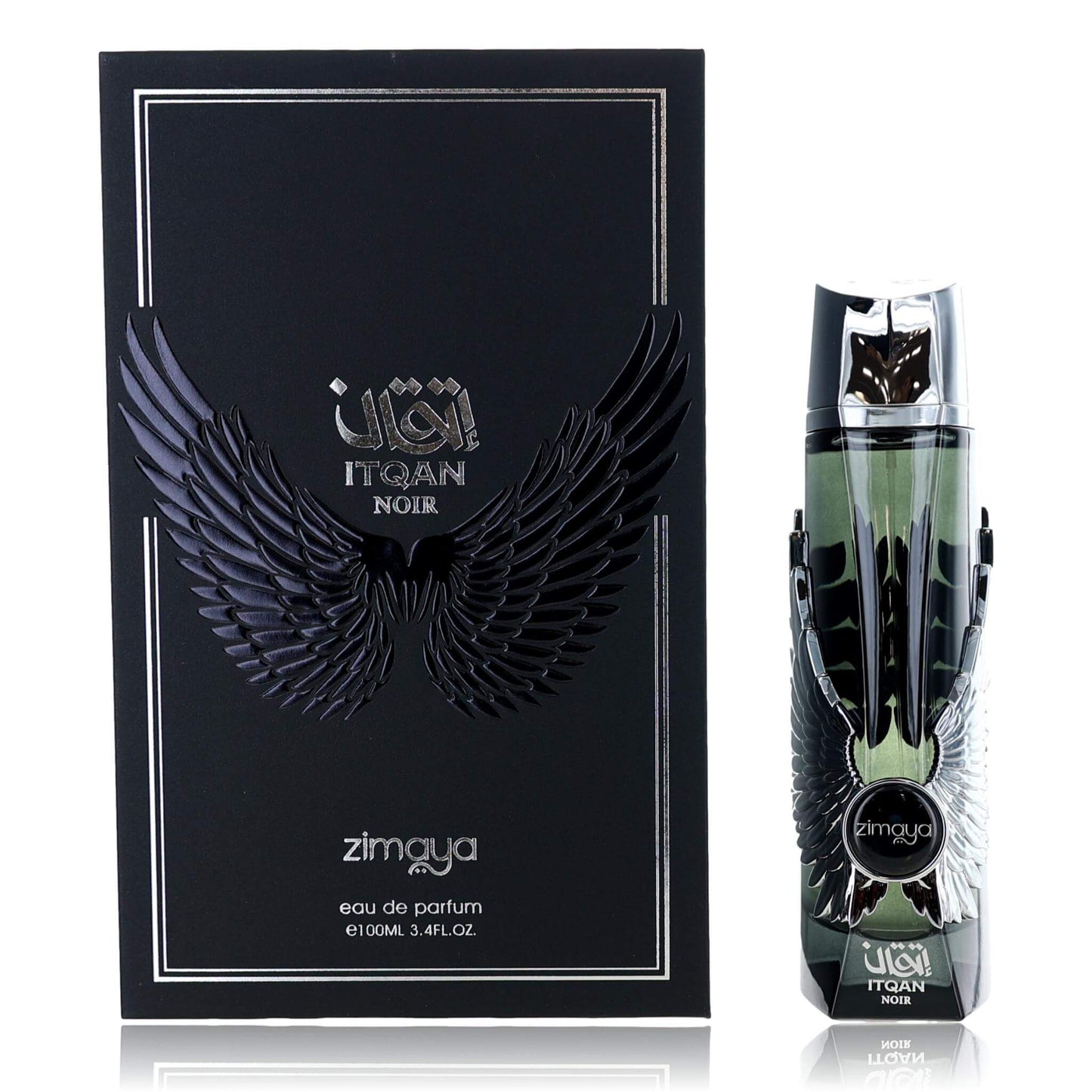 Noir eau de parfum spray bottle and box, dark design with wing logo