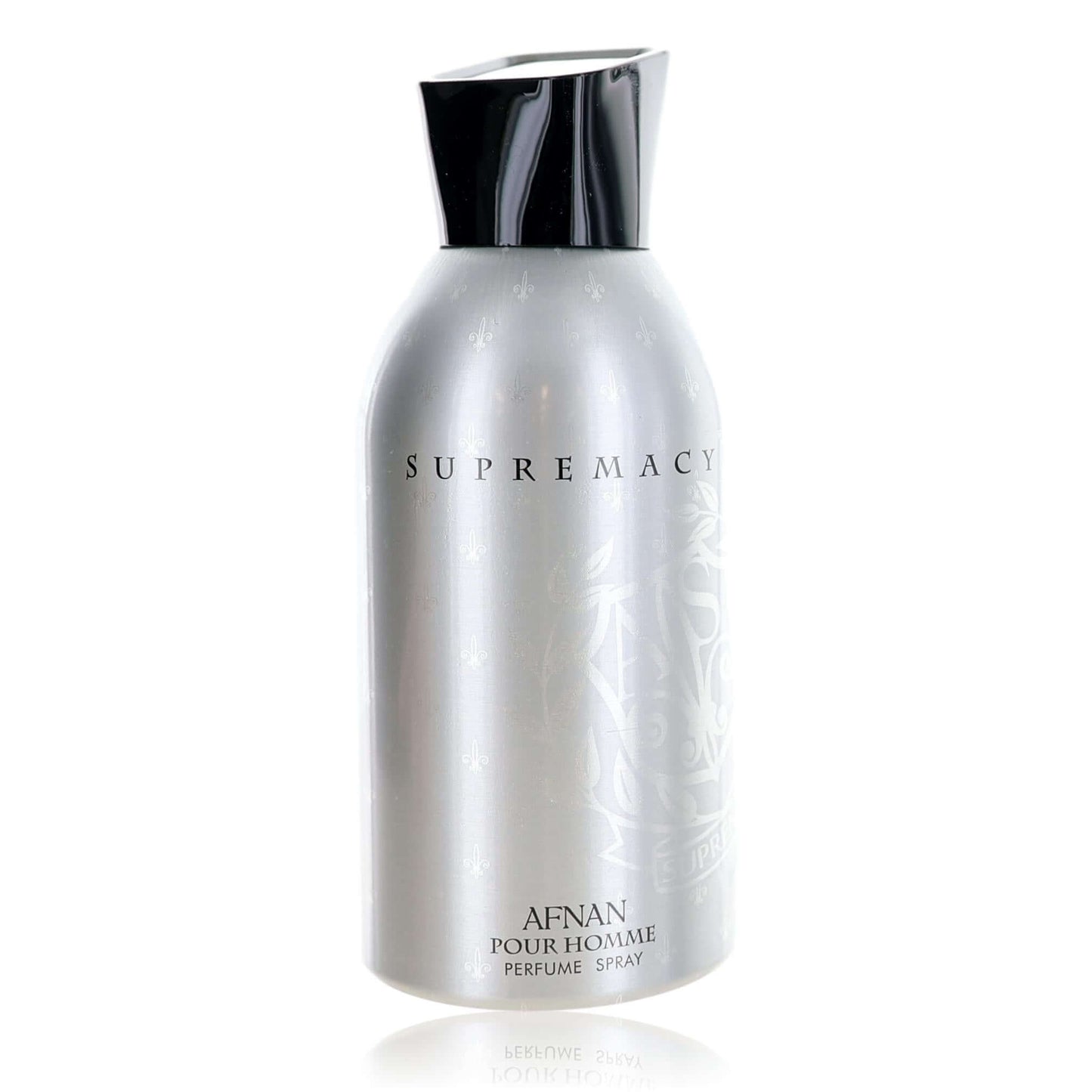 Silver men's deodorant spray bottle with black cap, Afnan Supremacy label