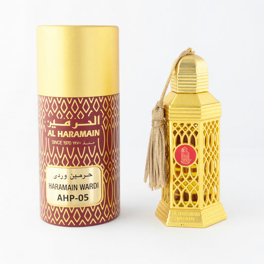 Wardi concentrated perfume oil: gold cap, red patterned label, 12 ml bottle
