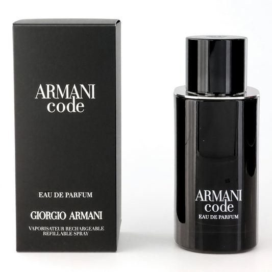 Armani Code men’s refillable EDP spray, black glass bottle with chrome cap
