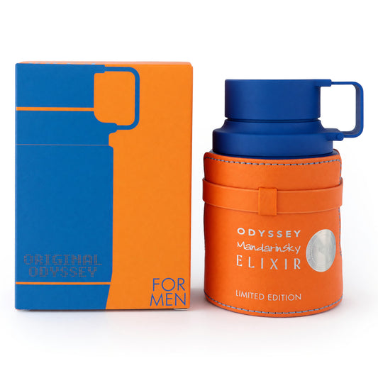 Men's EDP spray bottle with matching box, orange and blue limited edition design.