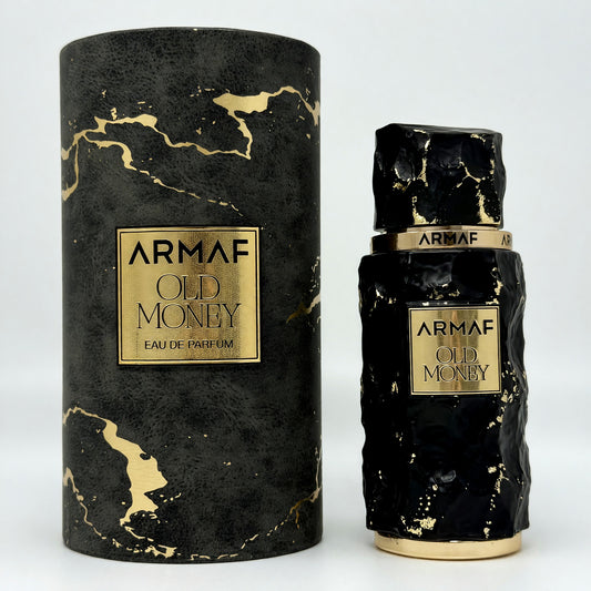 Men's EDP spray bottle in black with gold speckle map design, ARMAF Old Money label