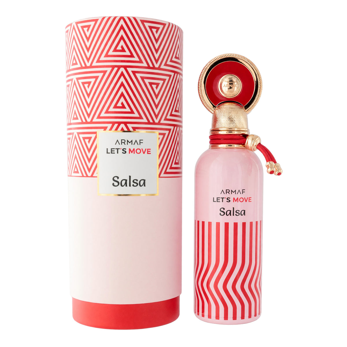 Armaf Let's Move Salsa EDP perfume spray bottle with red cap and striped label