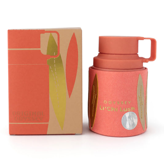 Armaf Odyssey Li'chi Lush EDP spray bottle with matching box, orange-red design