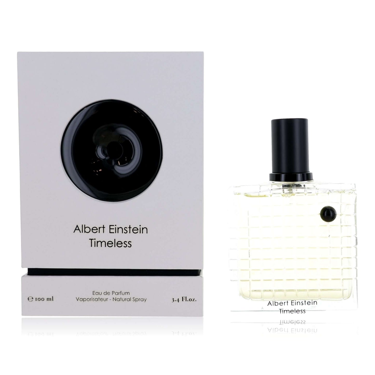 Eau de parfum spray bottle with black cap and cream grid box packaging