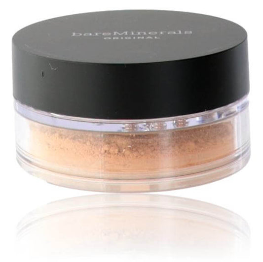 Bare Minerals Loose Powder Foundation .28 Powder Foundation SPF 15 - Golden Nude 16 in a clear container with a black lid