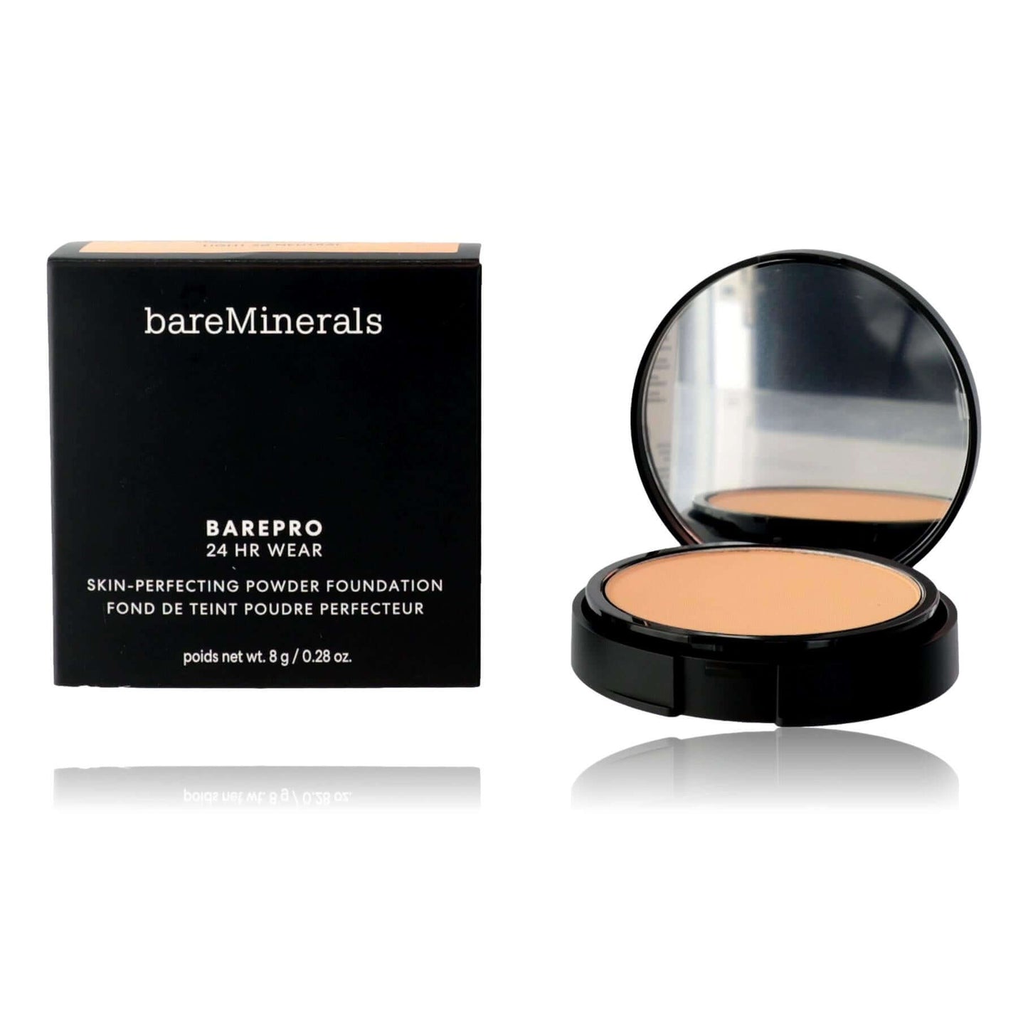 Powder foundation compact with matching box, light neutral shade, black case.