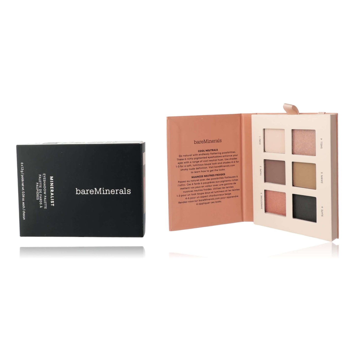 Six-pan mineral eyeshadow palette with neutral matte and shimmer shades