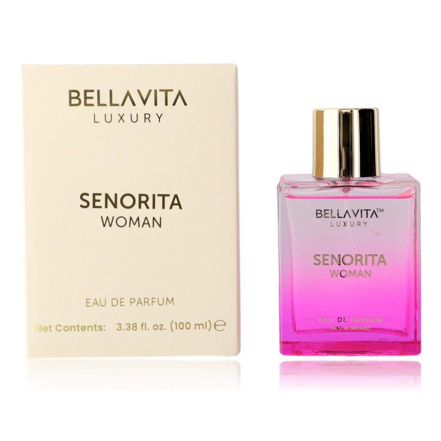 Women’s perfume spray bottle with pink glass and gold cap, shown with matching box.