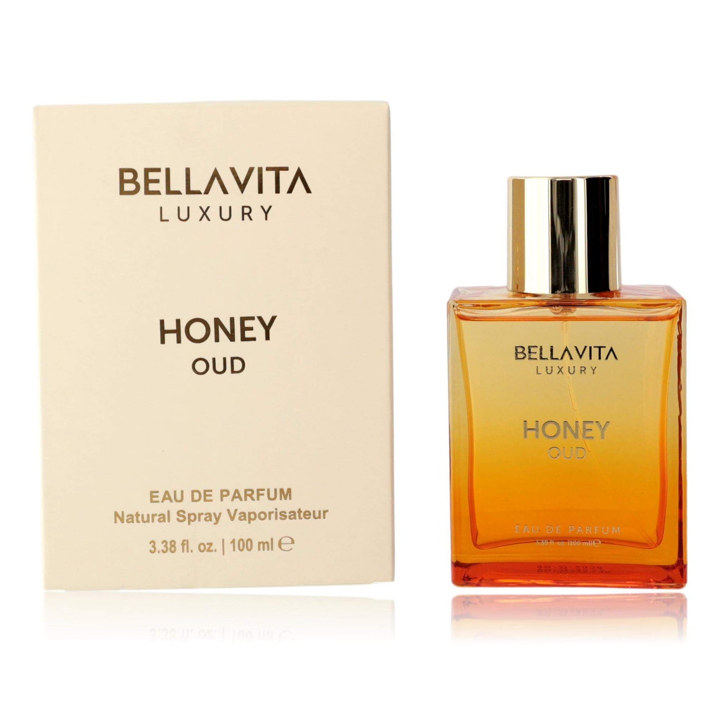 Amber perfume bottle with gold cap and Honey Oud gift box