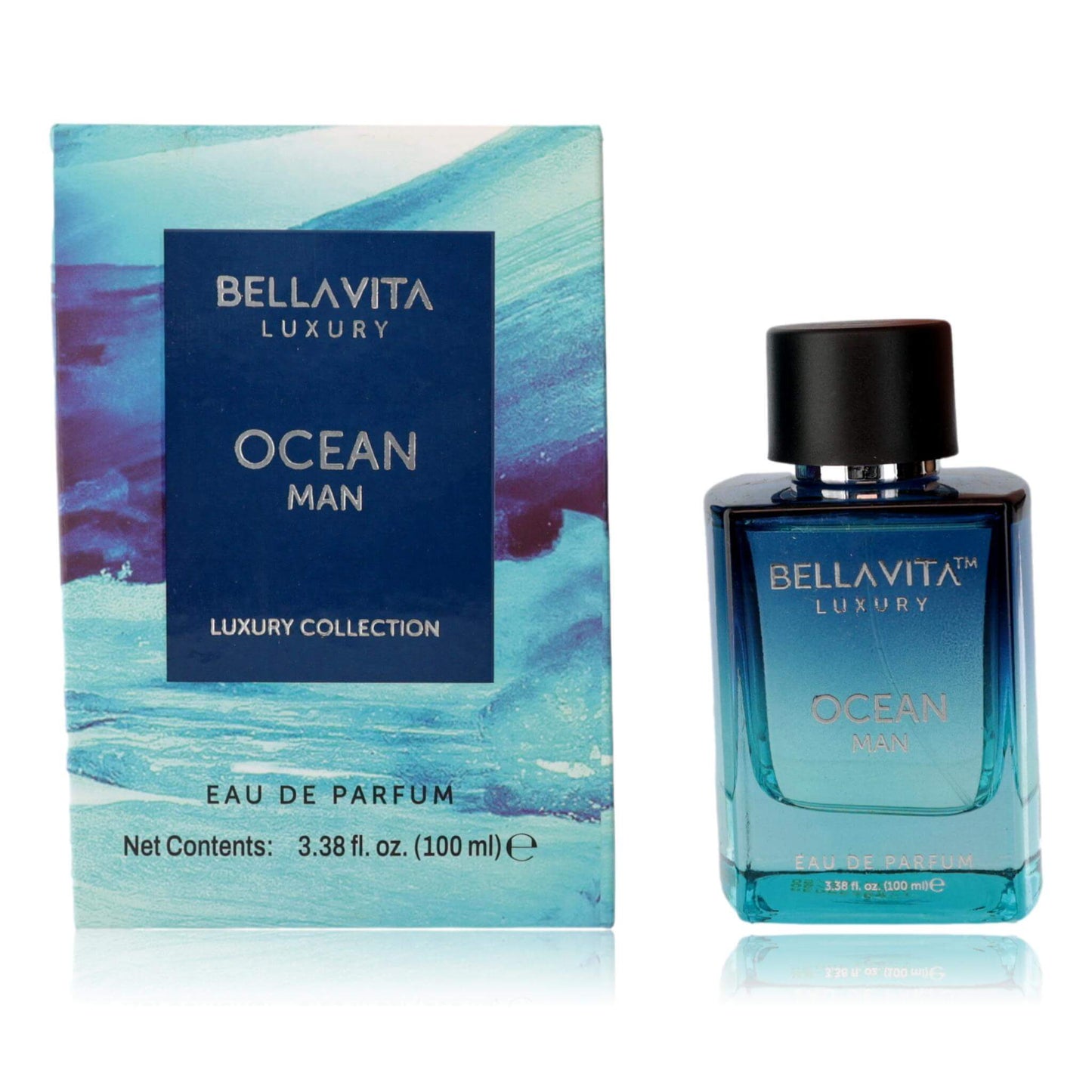 Men's eau de parfum spray bottle with Ocean Man label and black cap.