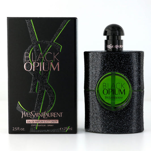 Black Opium EDP for women with green logo, black glitter spray bottle and box