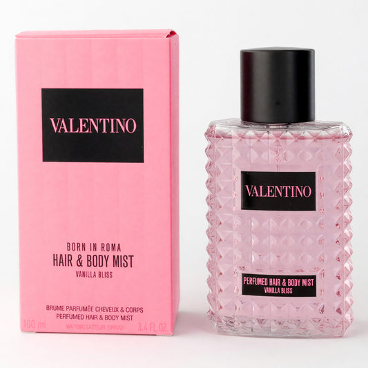 Valentino hair & body mist spray bottle with vanilla bliss label, 3.4 fl oz