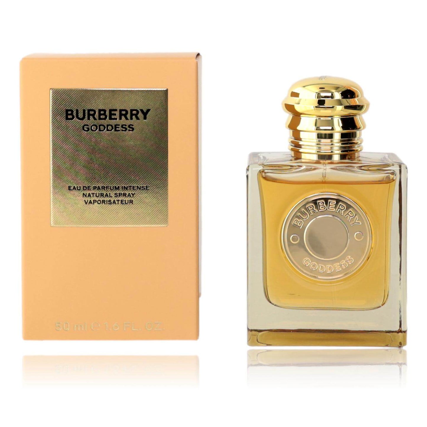 Gold glass perfume bottle with metallic cap and peach box labeled Burberry Goddess