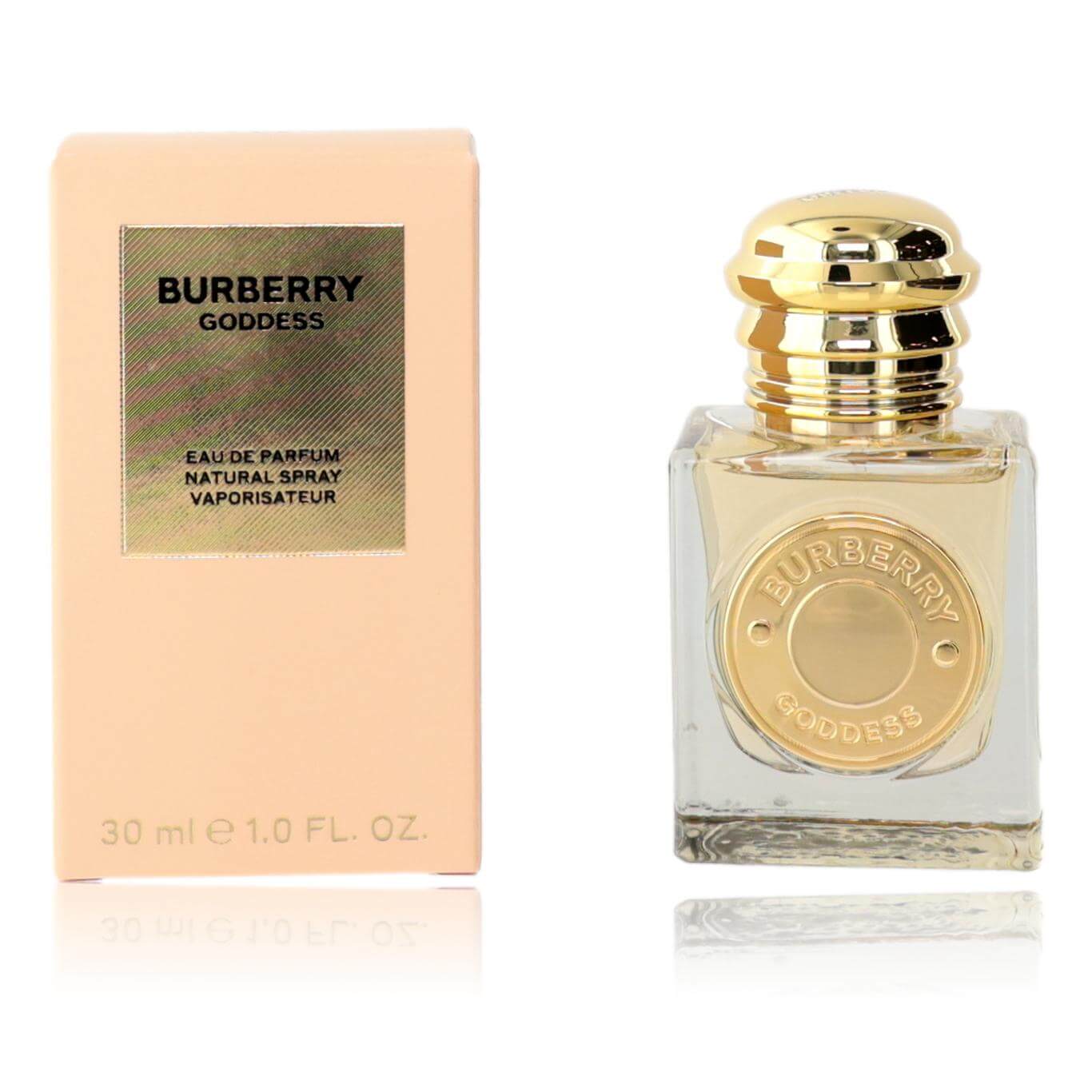 Women's Eau de Parfum spray bottle with gold cap and Burberry Goddess label, 1 oz
