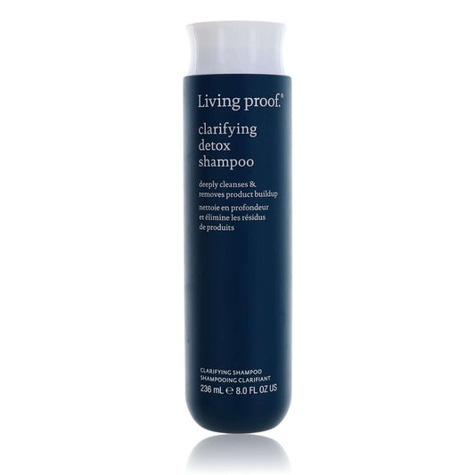 Living Proof clarifying detox shampoo bottle, dark blue with white cap