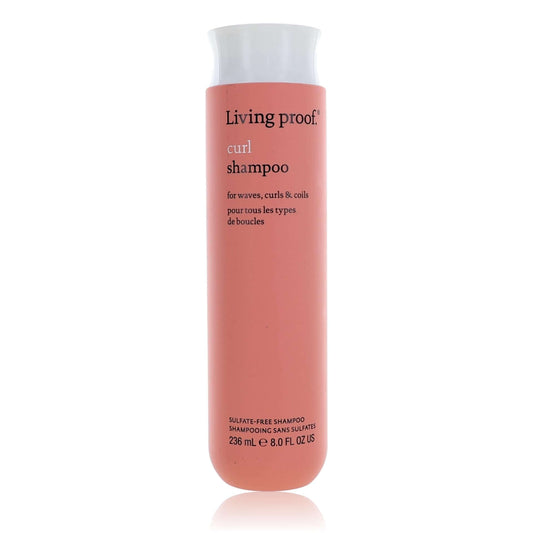 Living Proof curl shampoo bottle, white cap, pink bottle, 8 fl oz