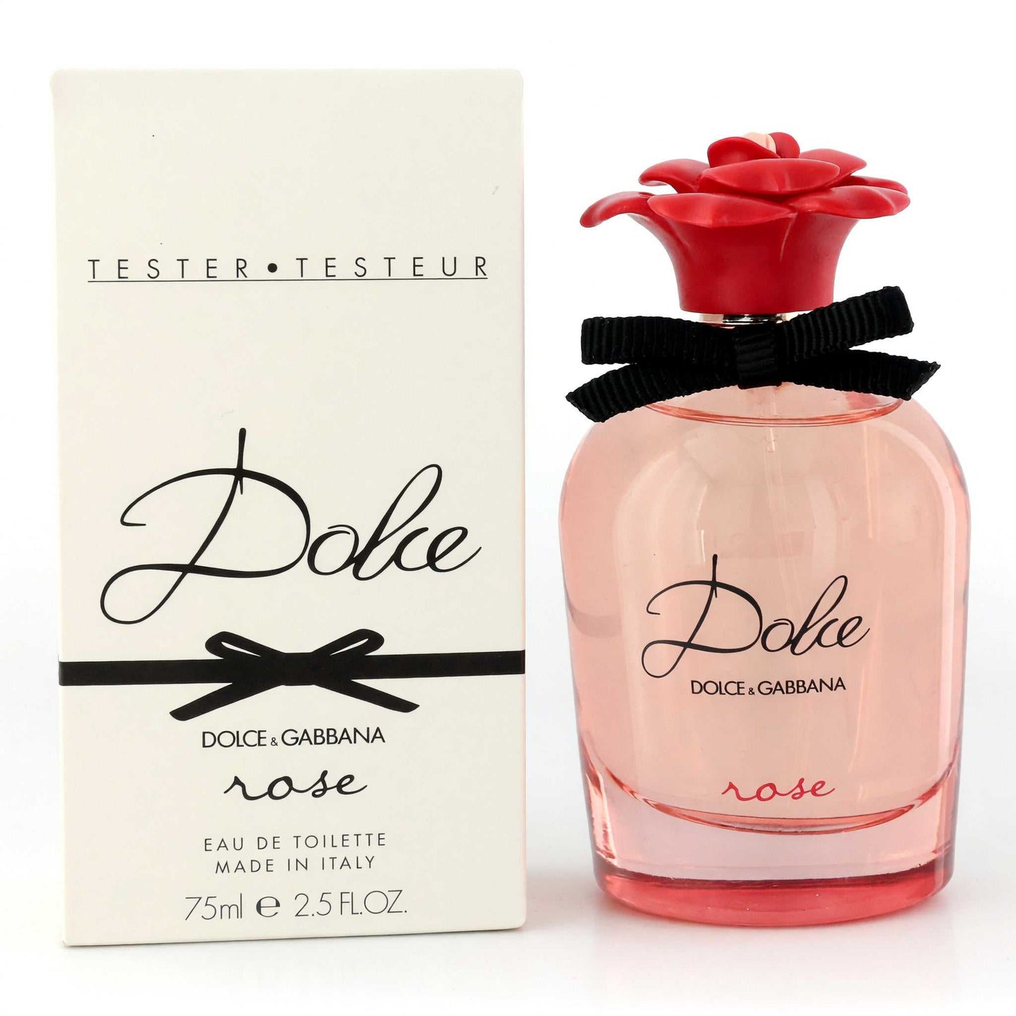 Women’s Dolce rose EDT tester spray bottle with red rose cap and pink glass