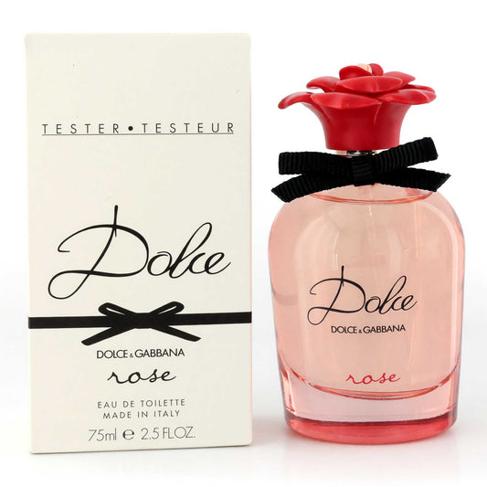 Women’s Dolce rose EDT tester spray bottle with red rose cap and pink glass
