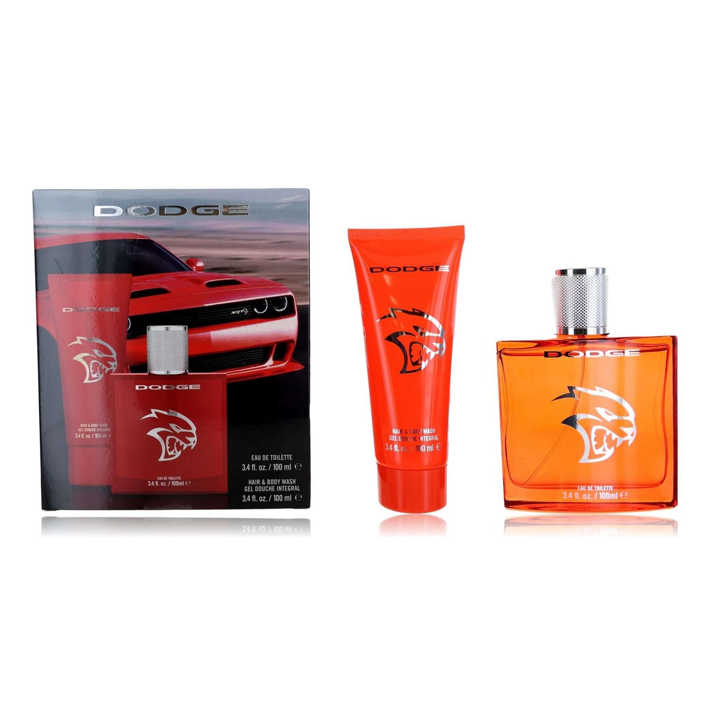 Dodge Hellcat 2-piece men's gift set with box, orange bottle, and orange gel